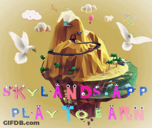 A Poster For Skylands App Play To Earn With A Mountain GIF