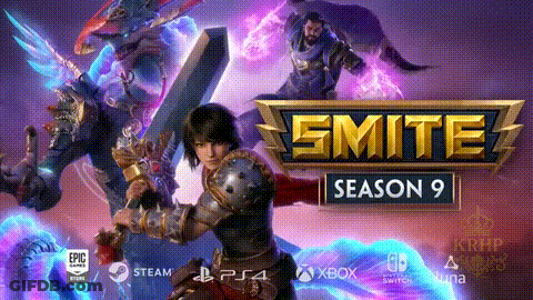 A Poster For Smite Season 9 Shows A Knight Holding A Sword Surrounded By Monsters GIF