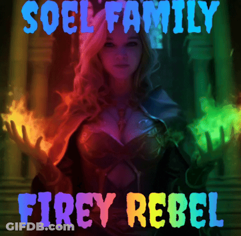 A Poster For Soel Family Firey Rebel With A Woman In A Costume GIF