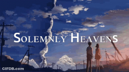 A Poster For Solemnly Heavens Shows A Man And A Woman Standing In Front Of A Cloudy Sky GIF