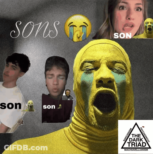 A Poster For Sons The Dark Triad Shows A Man In A Yellow Mask Crying GIF
