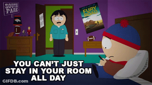 A Poster For South Park Shows Stan Sitting In Bed GIF