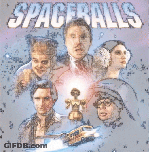 A Poster For Spaceballs Shows A Group Of People And A Bus GIF