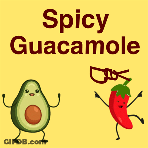 A Poster For Spicy Guacamole Day With An Avocado And A Chili Pepper GIF