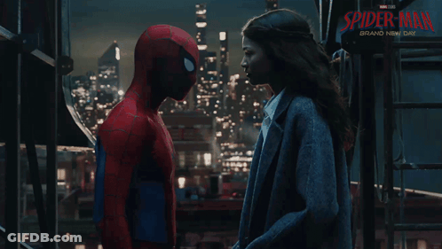 A Poster For Spider-Man Brand New Day Shows A Man And A Woman Looking At Each Other GIF