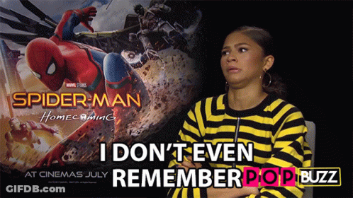 A Poster For Spider Man Homecoming Shows A Woman In A Yellow And Black Striped Shirt GIF