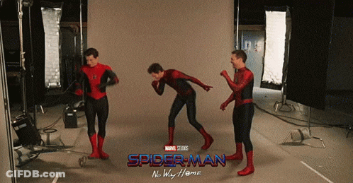 A Poster For Spider-Man No Way Home Shows Three Men In Spiderman Suits GIF