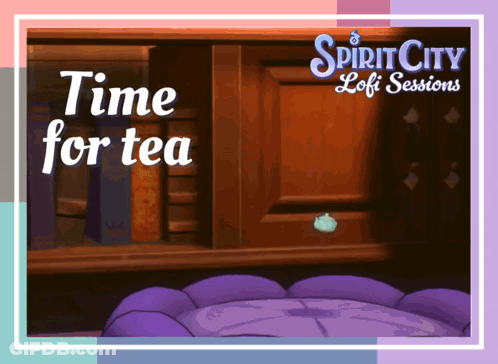 A Poster For Spirit City Lofi Sessions With A Purple Table GIF
