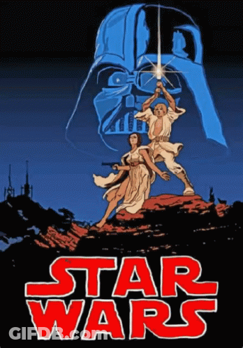 A Poster For Star Wars Shows A Man And A Woman Holding Lightsabers GIF