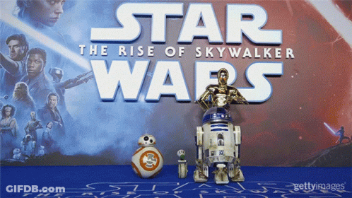 A Poster For Star Wars The Rise Of Skywalker With R2d2 And Bb-8 GIF