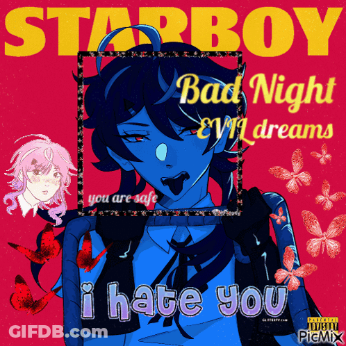 A Poster For Starboy Bad Night Evil Dreams With A Blue Anime Character GIF