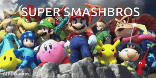A Poster For Super Smash Bros Shows A Group Of Cartoon Characters GIF