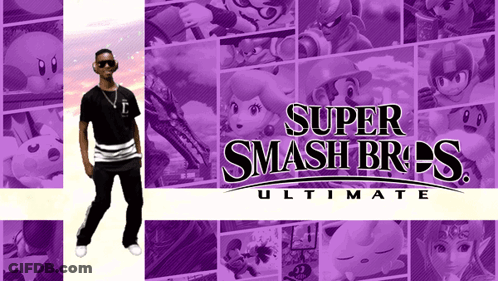 A Poster For Super Smash Bros Ultimate With A Man Standing In The Middle GIF