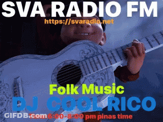 A Poster For Sva Radio Fm Shows A Cartoon Character Playing A Guitar GIF