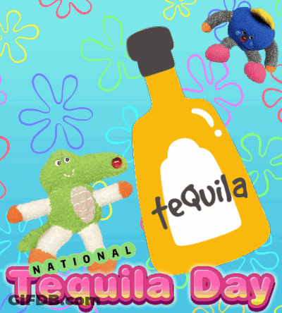 A Poster For Tequila Day With Stuffed Animals And A Yellow Bottle Of Tequila GIF
