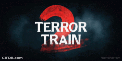 A Poster For Terror Train 2 With A Red Swirl GIF