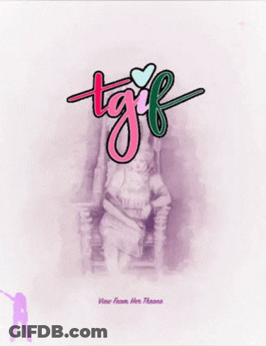 A Poster For Tgif Shows A Woman Sitting On A Chair GIF