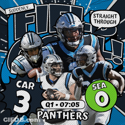 A Poster For The Carolina Panthers Football Team Shows A Speech Bubble That Says " Straight Through " GIF