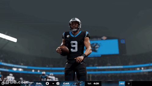A Poster For The Carolina Panthers Touchdown With A Football Player GIF