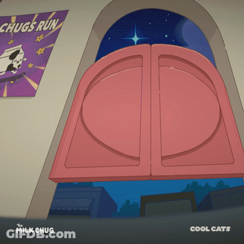 A Poster For The Chugs Run Hangs On A Wall Next To A Pink Door GIF