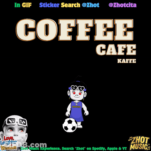 A Poster For The Coffee Cafe With A Cartoon Character On It GIF