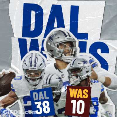 A Poster For The Dallas Cowboys Shows Players Holding Signs That Say Dal 38 Was 10 GIF