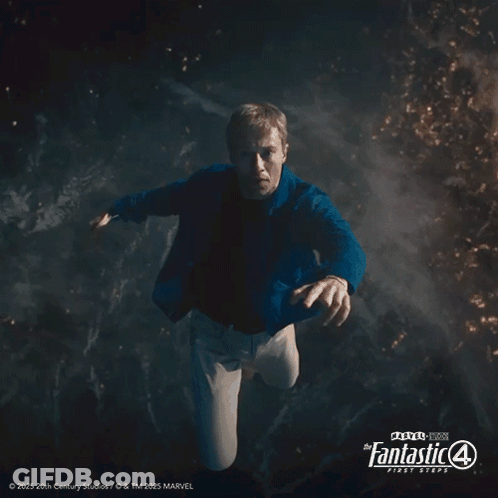 A Poster For The Fantastic Four First Steps Shows A Man In A Blue Shirt GIF