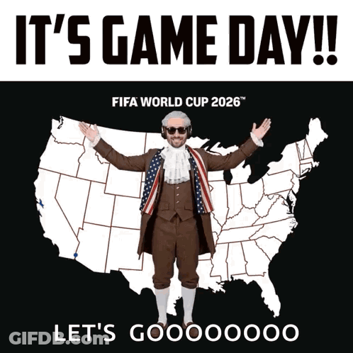 A Poster For The Fifa World Cup 2026 With A Man Dressed As Alexander Hamilton GIF