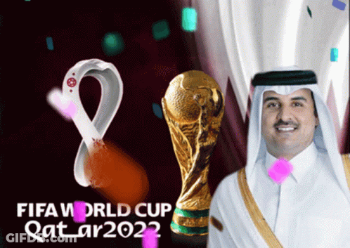 A Poster For The Fifa World Cup Qatar 2022 Shows A Man Holding A Trophy GIF