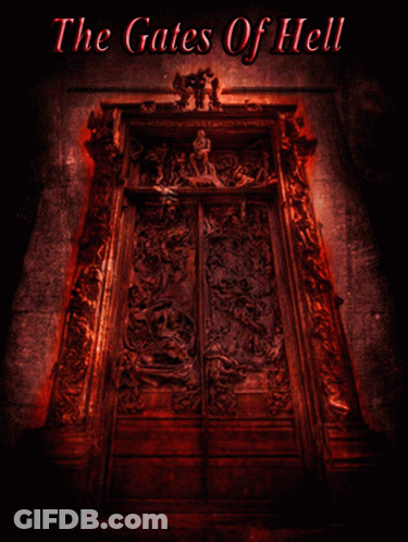 A Poster For The Gates Of Hell Shows A Doorway With Flames Coming Out GIF