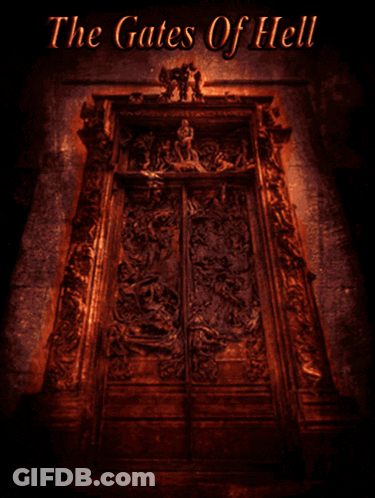 A Poster For The Gates Of Hell Shows A Man In A Priest Costume GIF