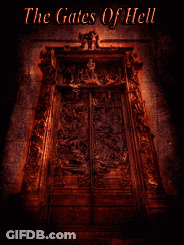 A Poster For The Gates Of Hell Shows A Person 'S Eyes Coming Out Of A Doorway GIF