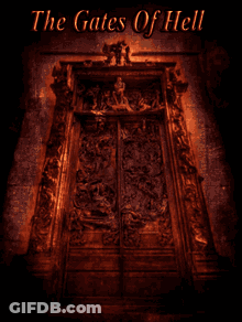 A Poster For The Gates Of Hell With A Statue Of A Woman GIF