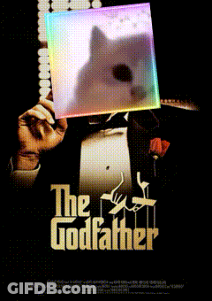 A Poster For The Godfather Shows A Man In A Tuxedo Holding A Rainbow Colored Box GIF