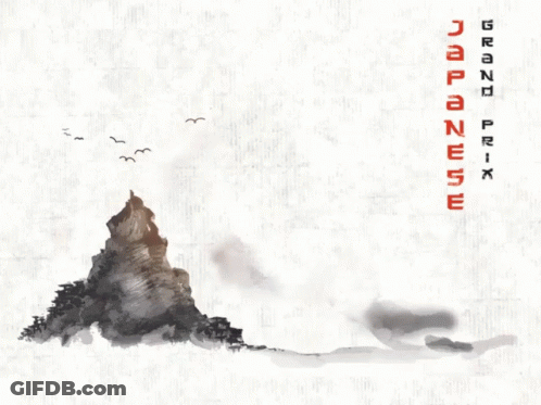 A Poster For The Grand Prix Of Japan With A Mountain And A Car GIF