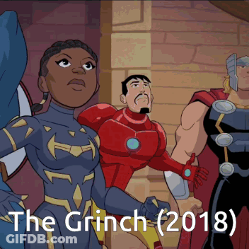 A Poster For The Grinch Shows A Group Of Superheros Standing Next To Each Other GIF