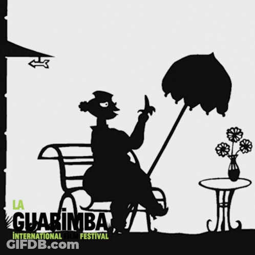 A Poster For The Guarimba International Film Festival Shows A Woman Sitting Under An Umbrella GIF
