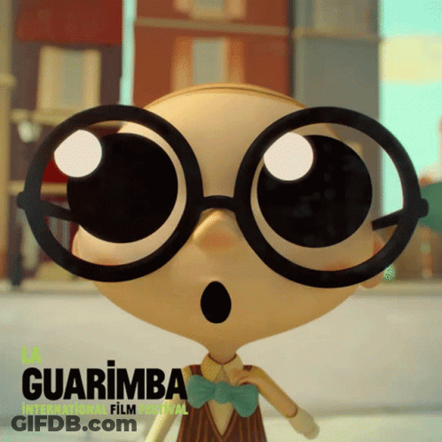 A Poster For The Guarimba International Film Festival With A Cartoon Character Wearing Glasses GIF