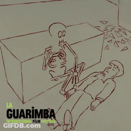 A Poster For The Guarimba International Film Festival With A Drawing Of A Skeleton GIF