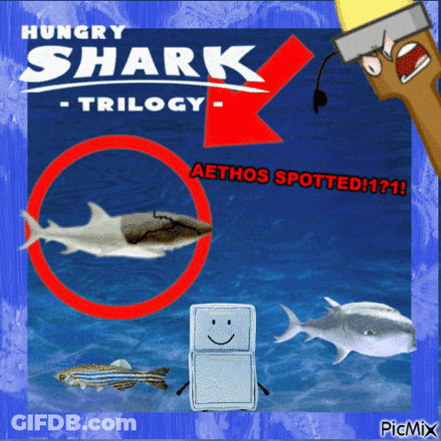 A Poster For The Hungry Shark Trilogy Shows Sharks And A Fridge GIF