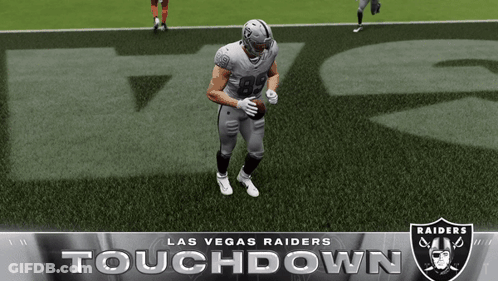 A Poster For The Las Vegas Raiders Touchdown With A Football Player On The Field GIF