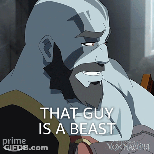 A Poster For The Legends Of Vox Machina Shows A Man With A Beard And The Caption That Guy Is A Beast GIF