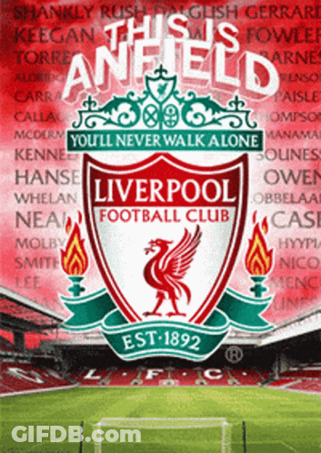 A Poster For The Liverpool Football Club With A Stadium In The Background GIF