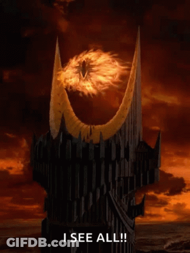 A Poster For The Lord Of The Rings Shows A Tower With A Burning Eye And The Words " I See All " GIF