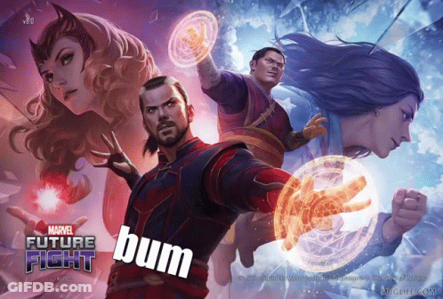 A Poster For The Marvel Future Fight Shows Doctor Strange And Scarlet Witch GIF