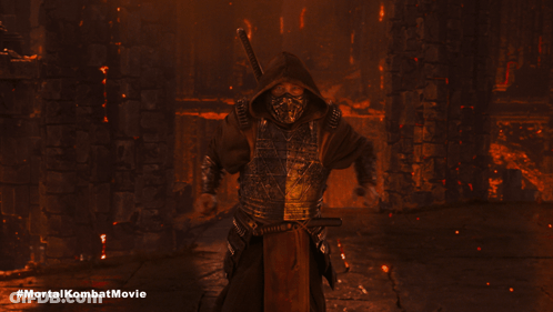 A Poster For The Mortal Kombat Movie Shows A Samurai With A Mask On GIF