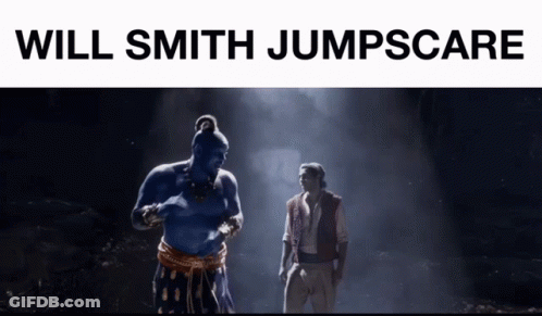 A Poster For The Movie Aladdin With A Blue Genie And A Man GIF