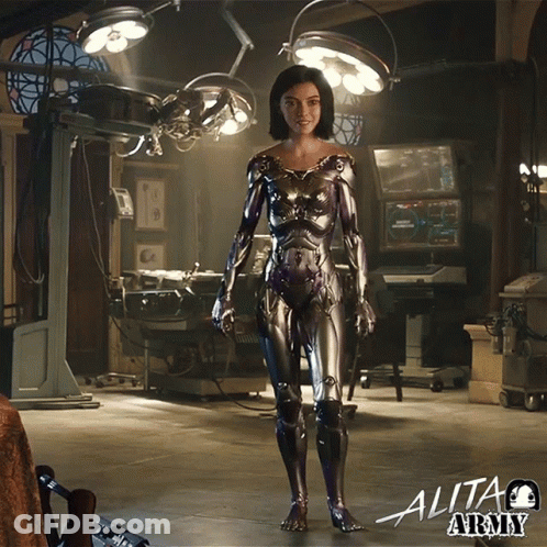A Poster For The Movie Alita Army Shows A Female Robot GIF