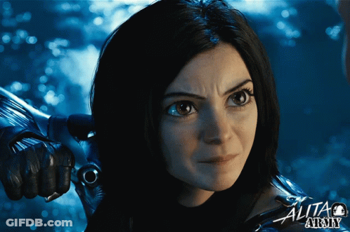 A Poster For The Movie Alita Army Shows A Woman Holding A Sword GIF