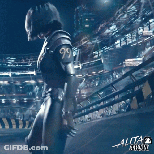 A Poster For The Movie Alita Army Shows A Woman In Armor GIF